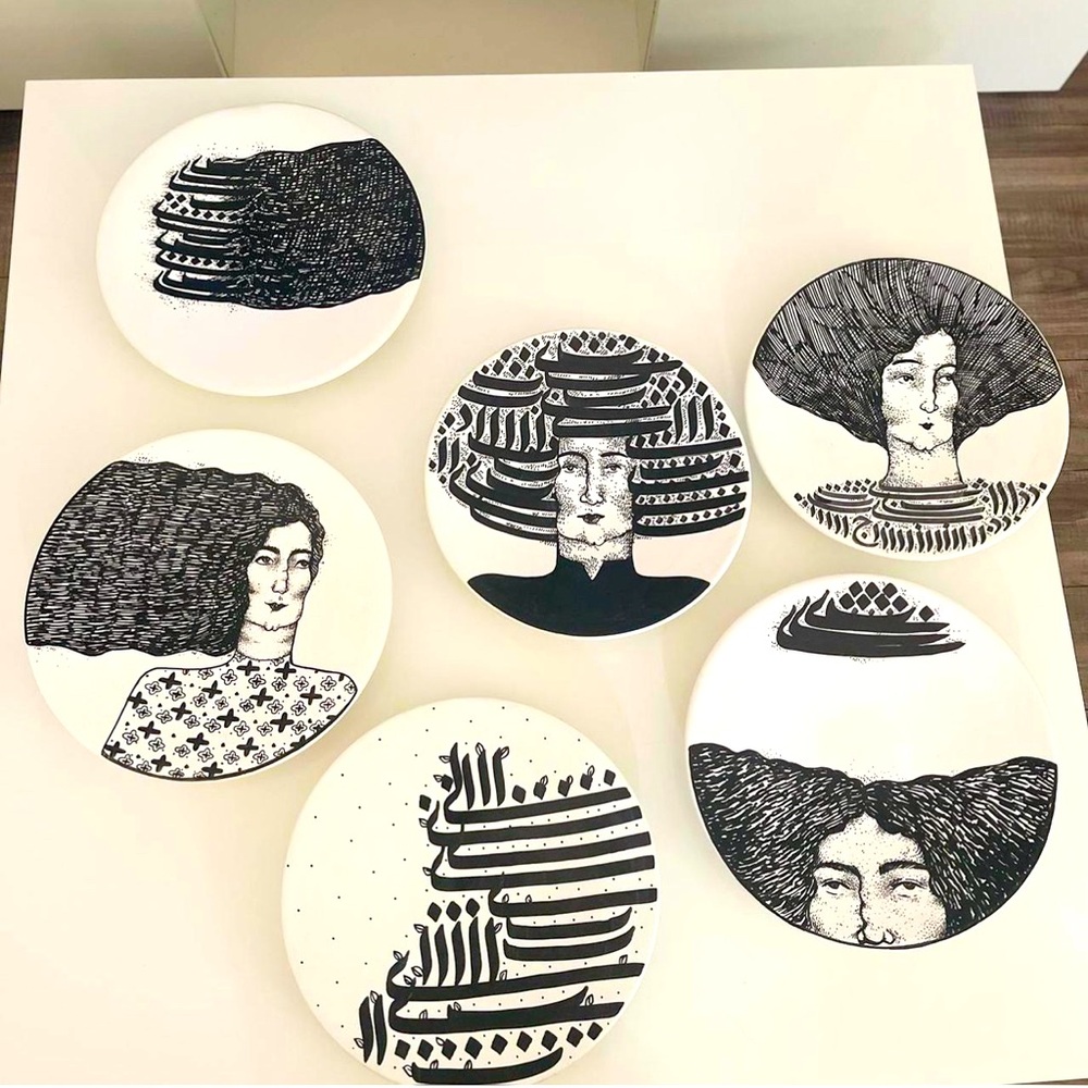 Set of 6 Hand-Painted Middle Eastern Wall Plates – Black & White Ceramic Art‎